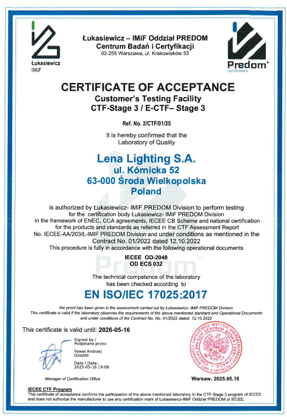 Certyfikat CTF Stage 3 ISO Lena Lighting