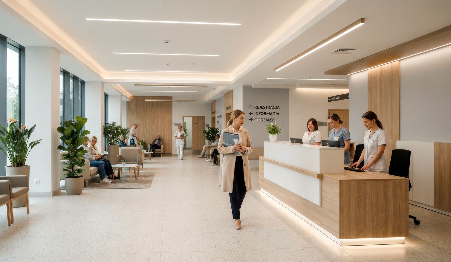 Lobby szpitala z pacjentami i personelem, w tle widoczne nowoczesne oświetlenie LED wspiera pozytywne doświadczenia| Lumedic