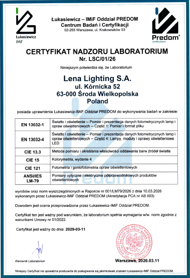 Certyfikat nadzoru laboratorium Nr.LSC/01/26