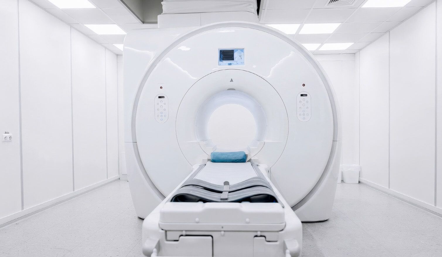 Białe pomieszczenie z urządzeniem MRI, dobrze oświetlone, tworzące spokojną atmosferę dla pacjentów i personelu medycznego