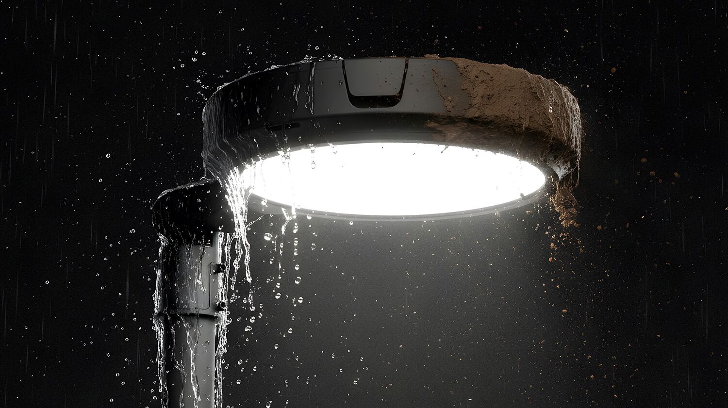 Lampa uliczna Skver LED S (Z1 MF) z wodą na powierzchni, symbolizująca wyzwania związane z ochroną infrastruktury w trudnych warunkach. 