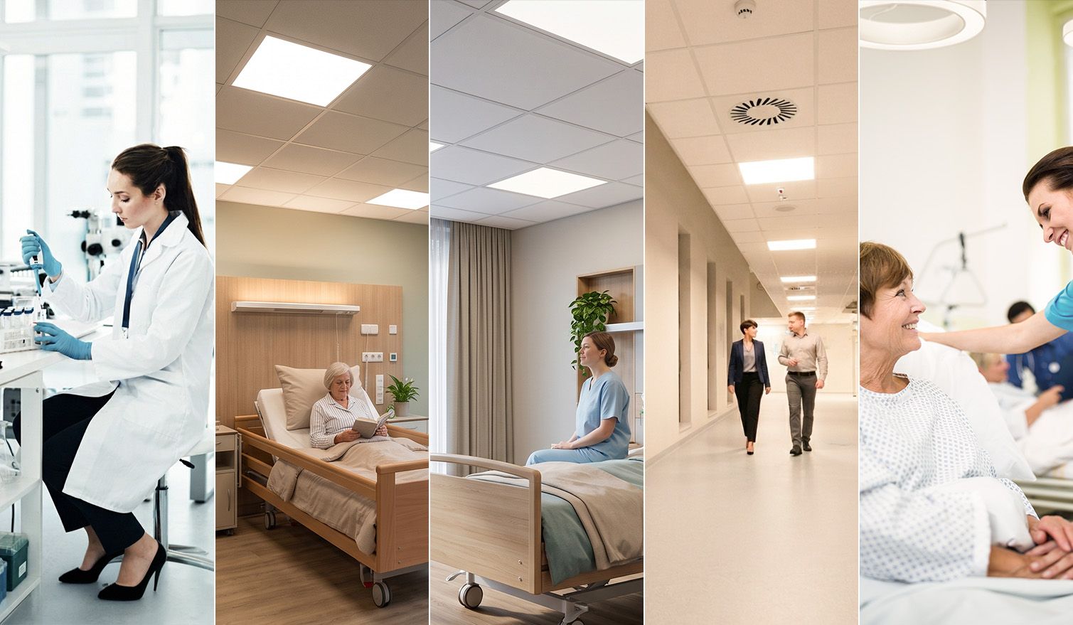 Kolaż obrazów pacjentów w szpitalnych pokojach, podkreślający rolę oświetlenia w poprawie komfortu psychicznego | Lumedic