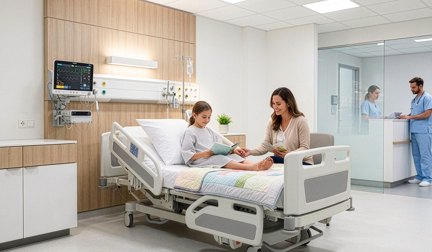 Szpitalne łóżko z siedzącą kobietą i dzieckiem, symbolizujące bliskość i opiekę w trudnych chwilach zdrowotnych| Lumedic