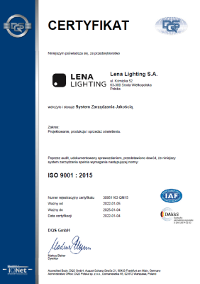 Lena Lighting certyfikat ISO 