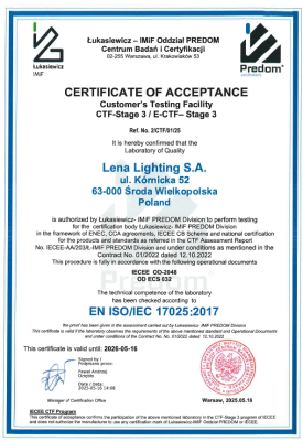 Certyfikat CTF Stage 3 ISO Lena Lighting
