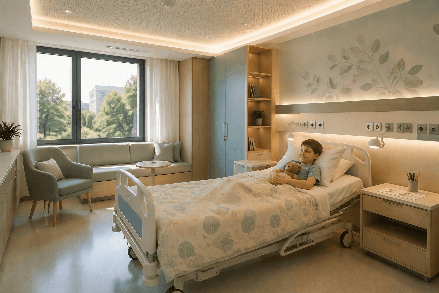 Nowoczesny pokój pediatryczny z ciepłym oświetleniem LED, oknem z widokiem na zieleń i strefą wypoczynku wspierającą komfort dziecka w rekonwalescencji | Lumedic